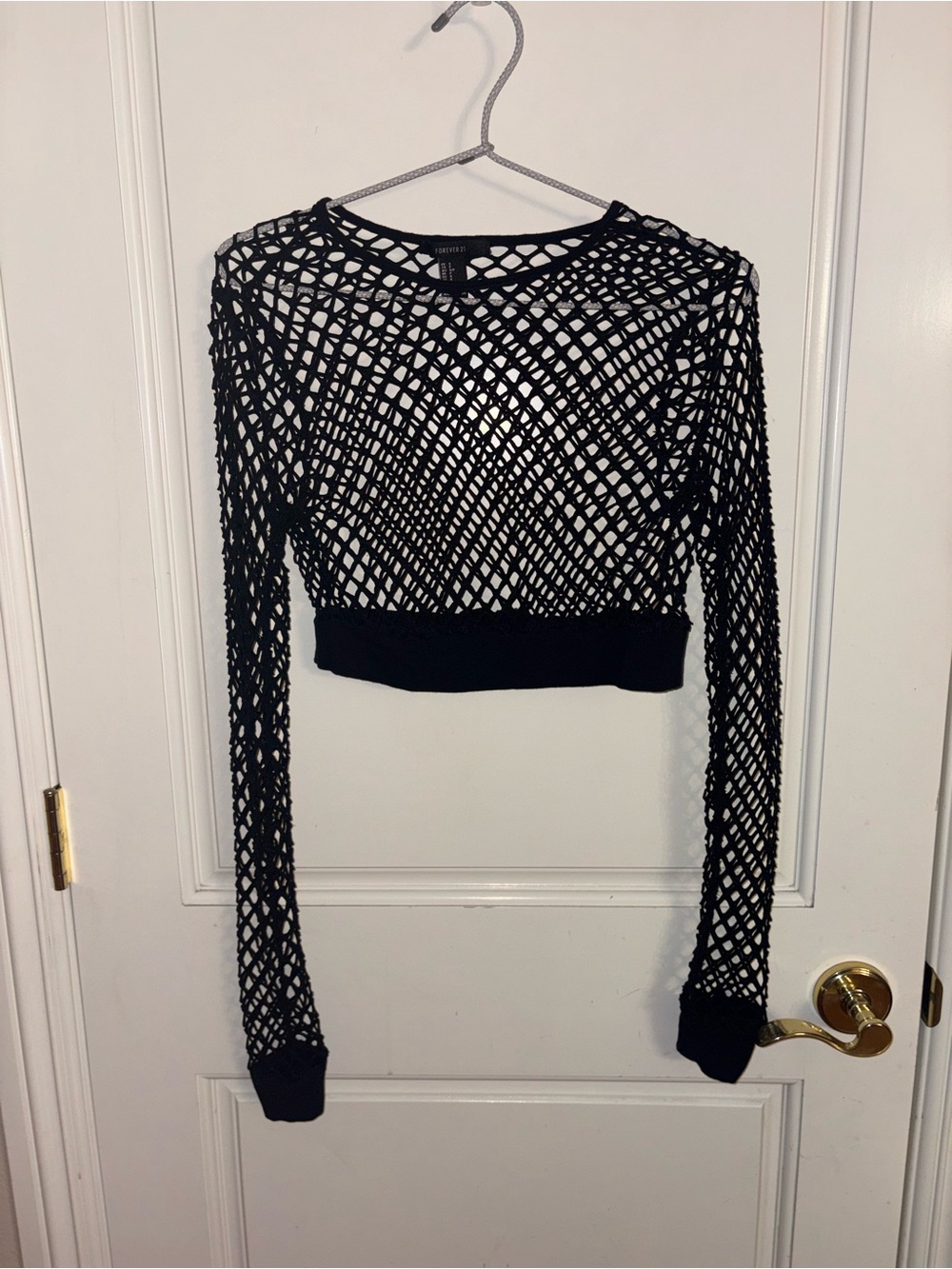 Forever 21 Black Fishnet Long-Sleeve Crop Top Size Small